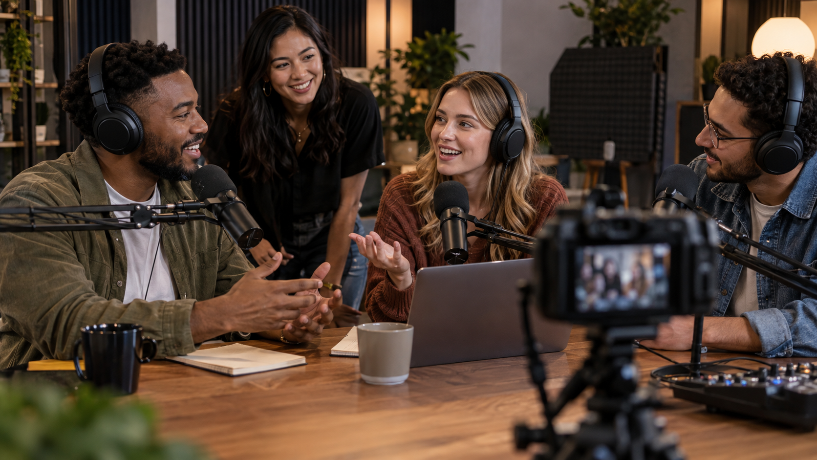 A diverse group of young adult content creators recording a podcast together in a modern studio