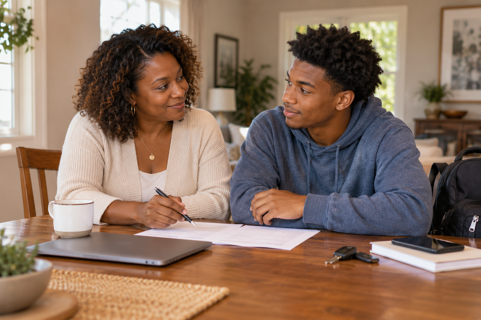A mother and her college-age son discussing preparedness together at home with car keys nearby